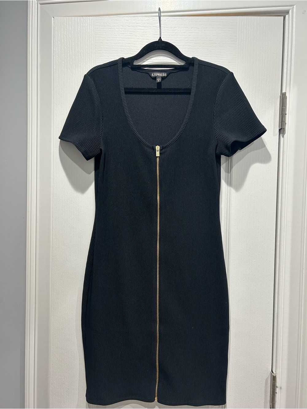 Express Black Ribbed Zip-Front Mini Dress with Gold Zipper